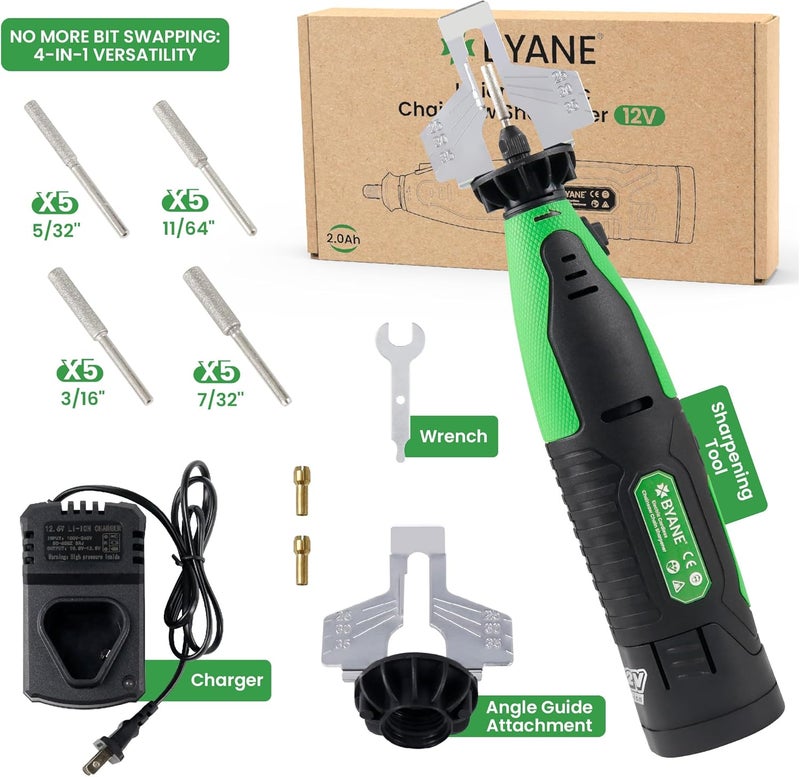 Byane Electric Cordless Diamond Chainsaw Sharpener Kit, 12V Portable Chain Saw Sharpener Tool, 2000mAh Battery Mini Grinder with 20Pcs Diamond Chainsaw Sharpening Bits for Carbide Tipped Chain - Image 3